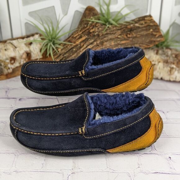 UGG Mens ASCOT Suede Shearling Lined Moccasin Slippers Blue/Yellow main image 9